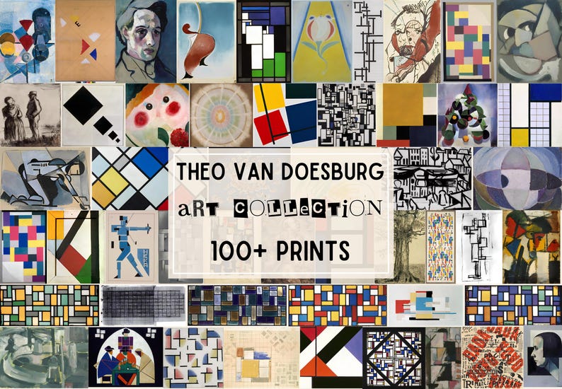 May include: A collage of abstract art prints by Theo van Doesburg. The prints feature geometric shapes and patterns in a variety of colors, including red, blue, yellow, and black. The title "Theo van Doesburg Art Collection 100+ Prints" is displayed in the center of the collage.