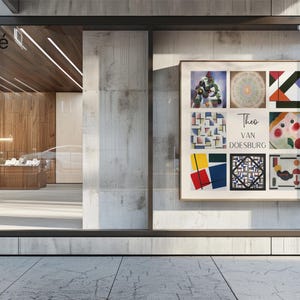 May include: A storefront window display featuring a framed artwork of geometric abstract paintings by Theo van Doesburg. The artwork is divided into nine squares, each showcasing a different colorful design.