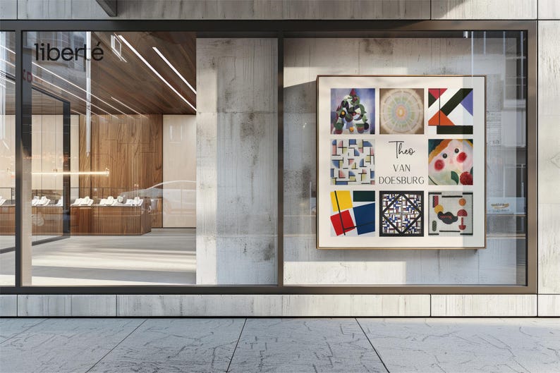 May include: A storefront window display featuring a framed artwork of geometric abstract paintings by Theo van Doesburg. The artwork is divided into nine squares, each showcasing a different colorful design.