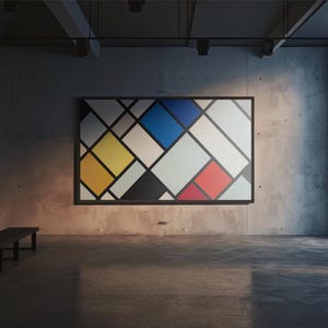 May include: A modern abstract painting with geometric shapes in black, white, red, yellow, and blue. The painting is framed in black and hangs on a concrete wall in a gallery setting.