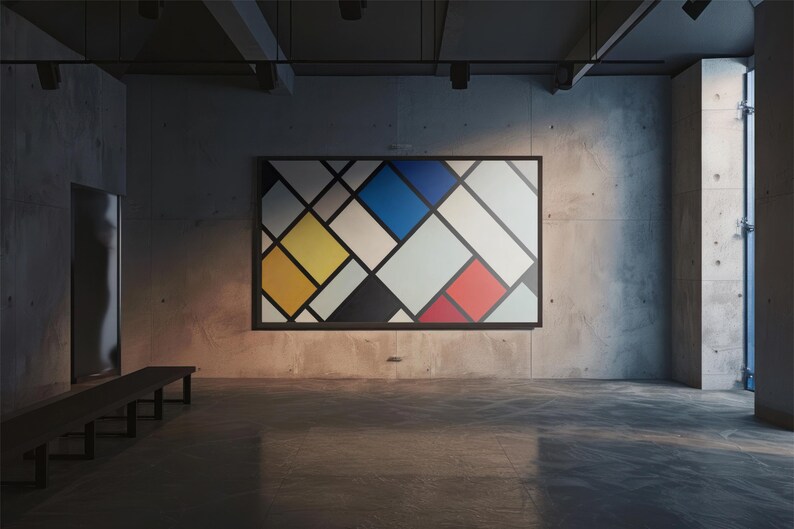 May include: A modern abstract painting with geometric shapes in black, white, red, yellow, and blue. The painting is framed in black and hangs on a concrete wall in a gallery setting.