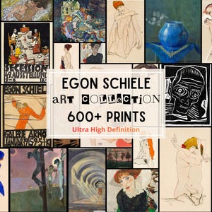 Könnte beinhalten: Eine Sammlung von Egon Schiele Kunstdrucken. Das Bild zeigt eine Collage seiner Werke, darunter Porträts und Figuren. Der Text lautet: "EGON SCHIELE ART COLLECTION 600+ PRINTS Ultra High Definition".