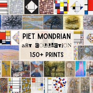 Könnte beinhalten: Eine Collage aus farbenfrohen abstrakten Gemälden von Piet Mondrian. Die Kunstsammlung umfasst über 150 Drucke.