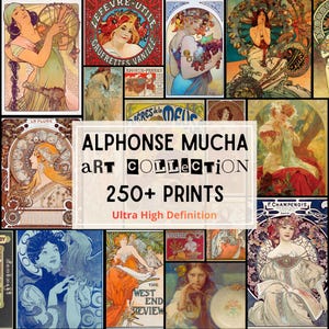 Può includere: Una collezione di stampe artistiche di Alphonse Mucha, con vari disegni Art Nouveau. Le stampe mostrano donne, motivi floreali ed elementi decorativi in un collage. Il testo sull'immagine recita "Alphonse Mucha Art Collection 250+ Prints Ultra High Definition."