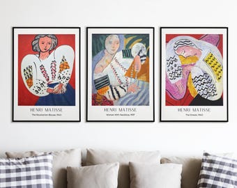 Henri Matisse Set van 3 Balkanblouseschilderijen, Roemeense en Bulgaarse klederdrachtschilderijen, ultra-HD digitale moderne kunst