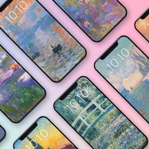 May include: Smartphones with impressionist art wallpapers. Each phone shows a different painting, with the time 10:10 displayed on the screen. The phones are arranged on a gradient pink and blue background.