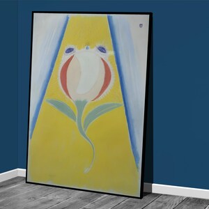 May include: A stylized painting of a white flower with red and blue accents on a yellow background. The flower is surrounded by two blue and white stripes.