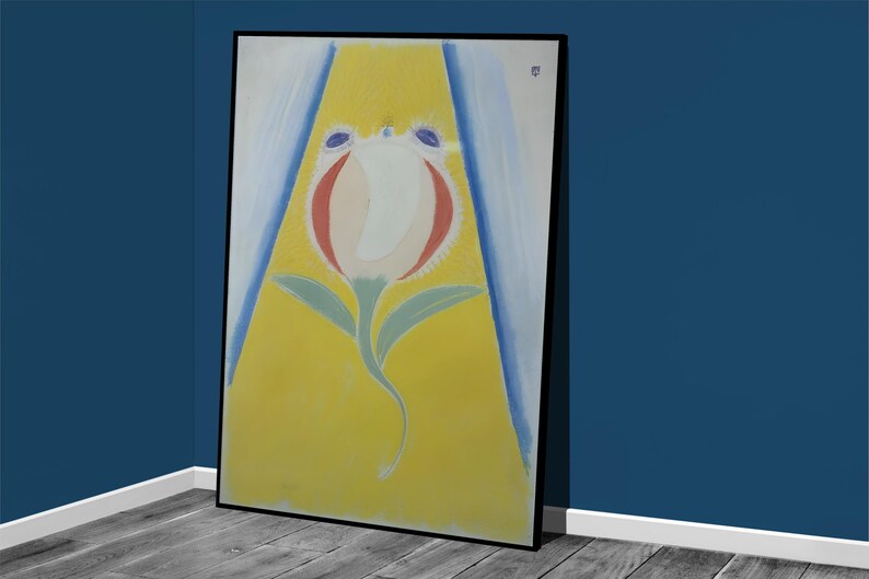 May include: A stylized painting of a white flower with red and blue accents on a yellow background. The flower is surrounded by two blue and white stripes.