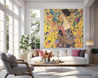 32K Wall-Size Poster, The Woman with Fan by Gustav Klimt Printable Wall Art, Ultra High-Res Digital Download, Art Nouveau Painting