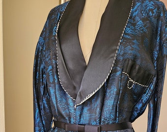 Vintage Asian Smoking Jacket, Blue and Black Print Jacket, Men's or Women's Unisex Pajama Jacket