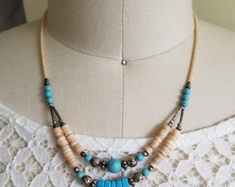 Vintage Turquoise Chevron Tribal Necklace, Silver, Blue, and Shell Beads, Boho Chic Jewelry