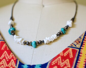 Vintage Silver Tone and Turquoise Beaded Necklace, Boho Chic Necklace, Gift for Her, Gift Under 20