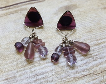 Vintage Purple Dangles, Purple Beaded Earrings, Geometric 90s Earrings, Gift for Her