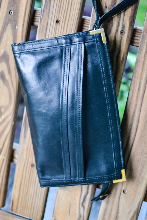 Vintage Black Leather Clutch/Wristlet,  Black Pur… - image 2