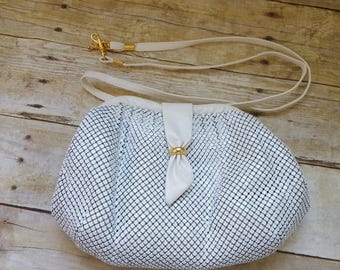 Vintage White Mesh Bag, White Faux Leather Bag, Convertible Chain Mail Shoulder or Clutch Purse, Gift for Her