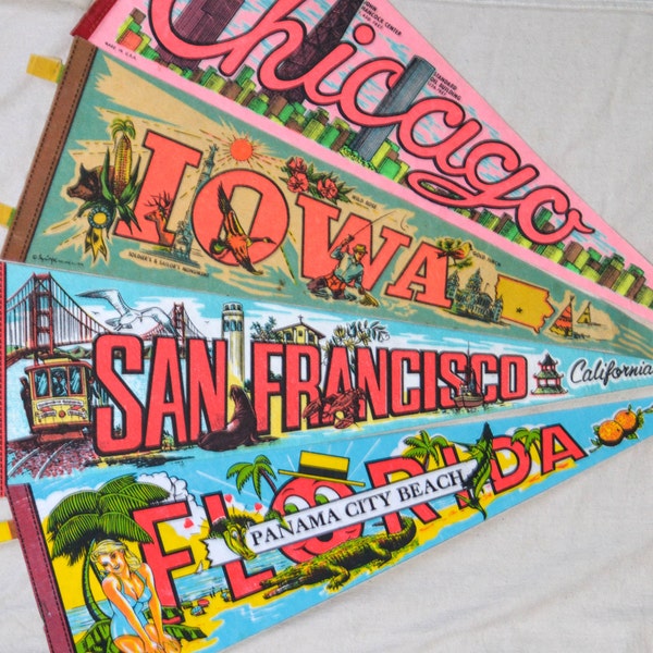 Vintage Travel Souvenir,  Road Trip Travel, Family Vacation, US Souvenir Pennants