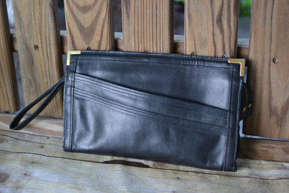 Vintage Black Leather Clutch/Wristlet,  Black Pur… - image 1