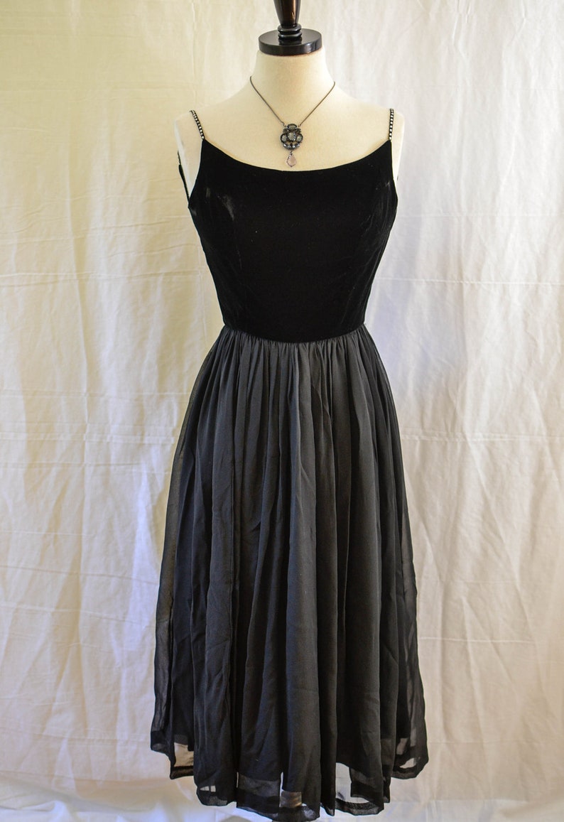 Vintage Black Party Dress Rhinestone Straps Velvet Bodice Chiffon
