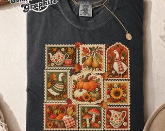 Autumn Goose Pumpkin Tea Mushroom Cottagecore Fall Shirt, Vintage Thanksgiving Shirt, Retro Fall Stamp Collage Tee with Pumpkin Pie Holiday