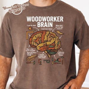 May include: A brown t-shirt featuring a graphic of a brain constructed from wooden planks and clamps. The text reads WOODWORKER BRAIN along with labels like I can fix that, I need more clamps, and Where did I put my tape measure? surrounded by tools.