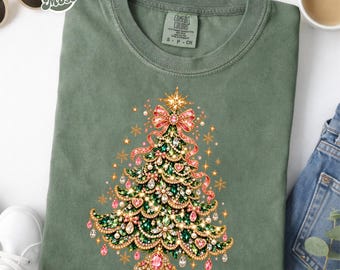 Comfort Colors Rhinestone Christmas Tree Shirt, Sweatshirt for Women, Sparkly Christmas Graphic, Glam Holiday Sweater, Festive Winter shirt