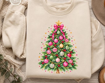 Preppy Christmas Tree Shirt, Comfort Colors Coquette Bow Tee, Vintage Watercolor Holiday Graphic, Cute Christmas Outfit, Trendy Gift for Her