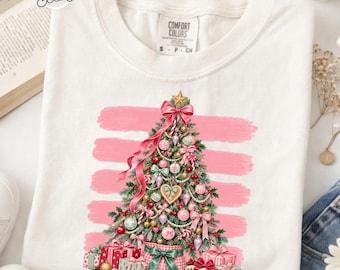 Pink Christmas Tree Shirt, Comfort Colors Preppy Coquette Bow Tee, Whimsical Holiday Graphic, Vintage Girly Christmas Look, Fun Gift for Her