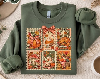 Comfort Colors® Vintage Thanksgiving Fall Doodle Shirt, Pumpkin Pie Tee, Retro Fall Stamp Collage Tee, Fall Tea Mushroom Graphic Sweatshirt