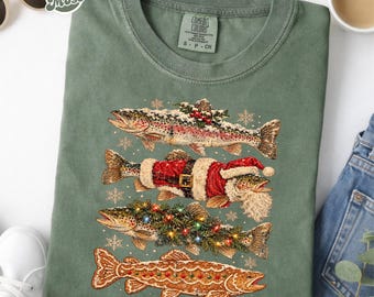 Christmas Fishing Shirt, Comfort Colors Rainbow Trout Tee, Vintage Santa Fish T-Shirt, Fisherman Christmas Gift, Holiday Fishing Lover Gift
