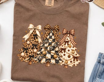 Comfort Colors Leopard Christmas Tree Shirt, Coquette Bow Checkered Holiday Tee, Buffalo Plaid Bow Holiday Shirt, Tree Graphic Tee Sweater