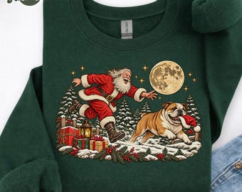 English Bulldog Christmas Sweatshirt, Comfort Colors Santa Chasing Dog Tee, Vintage Bulldog T-Shirt, Bulldog Mom Gift, Holiday Dog Lover Tee