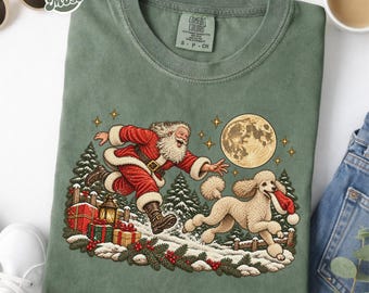 Poodle Christmas Shirt, Comfort Colors Santa Dog Tee, Vintage Poodle T-Shirt, Poodle Mom Gift, Christmas Dog Lover Shirt, Pet Owner Gift