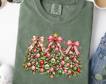 Comfort Colors Preppy Christmas Tree Shirt, Sweatshirt for Women, Coquette Christmas Shirts, Colorful Christmas Bow Tee, Holiday Tree shirt