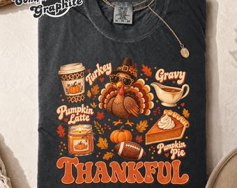 Vintage Thanksgiving Shirt, Thankful Turkey & Pumpkin Pie, Comfort Colors Retro Fall Tee, Women's Thanksgiving Aesthetic, Fall Graphic shirt