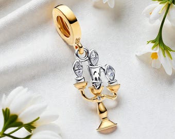 Beauty And The Beast Lumiere Dangle Charm For Women, Gold Plated Sparkling Pendant, Fits On Pandora Bracelet