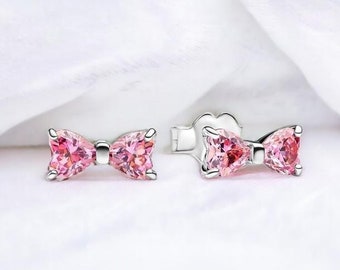 Sparkling Small Stud Earrings, Cute Pink Bow Earrings For Women, Pink Bow Earrings Stud, Jewellery Gift, Gift For Her