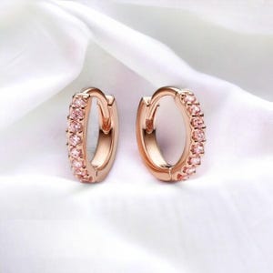 Elegant Rose Gold Earrings With Pink Stone, Delicate Huggie Hoop Earring For Women, Small Pink Earring Jewellery Gift, Gift For Girlfriend