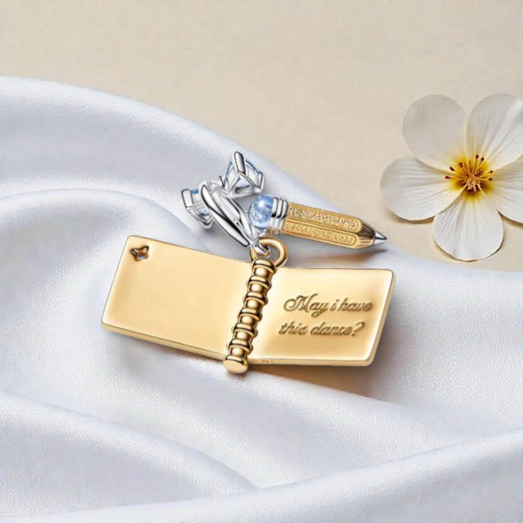 Dance Card & Pencil Charm, Sterling Silver and 14K Gold Plated