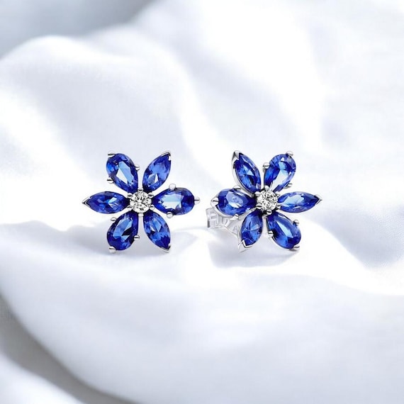 Small Blue Flower Stud Earrings, Delicate Flower Stud, Cute Cubic Zirconia  Floral Jewellery, Sparkling Flower Cluster Earrings, Gift For Her