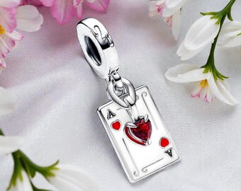 Charm doble colgante de Reina de Corazones para mujer en plata de ley, con naipe de esmalte rojo, compatible con pulseras Pandora.