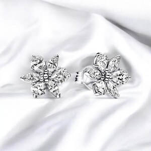 Small Flower Stud Earrings, Silver Flower Stud, Cute Zircon Floral Jewellery, Sparkling Silver Flower, Spring Cluster Earrings, Gift For Her
