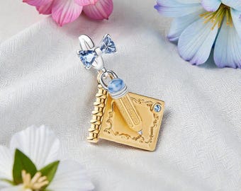 Dance Card & Pencil Charm, Sterling Silver and 14K Gold Plated Charm for Women, Regency Jewellery Gift for Her, Fits On Pandora Bracelet