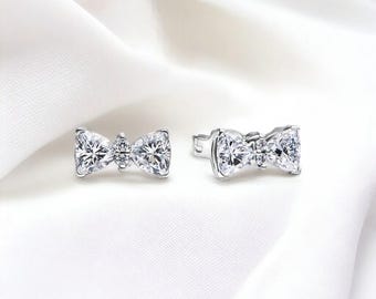 Cute Cubic Zirconia Bow Studs, Silver Earring Stud For Women, Silver Bow Studs, Small Earrings, Sparkling Bow Jewellery, Cute Gift for Her