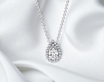 Charmante funkelnde Birne Halo Collier Halskette, nette Sterling Silber eleganter Schmuck, klassische Halskette für Frauen, einzigartiges Geschenk für sie