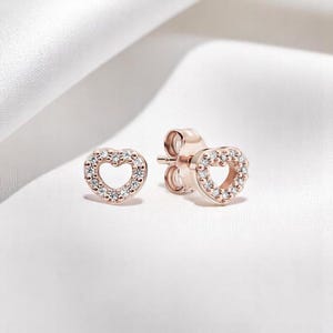 Cute Rose Gold Stud Earring, Openwork Cubic Zirconia Heart Stud, Elegant Rose Gold Stud Earring, Minimalist Heart Jewellery, Gift For Her