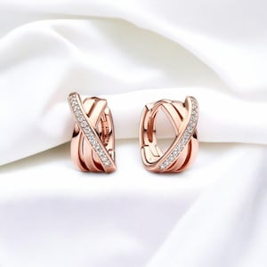 Rose Gold Hoop Pave Earrings, Elegant 14k Rose Gold Crossover Earrings, Delicate Small Circle Earrings, Fashion Jewellery, Girlfriend Gift