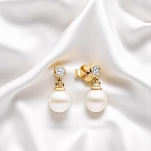 Elegant Gold Pearl Earring, Simple Pearl & Stone Earring, Minimalist Jewellery, 14K Gold Dangle Earring, Pearl Jewellery, Gift For Wife