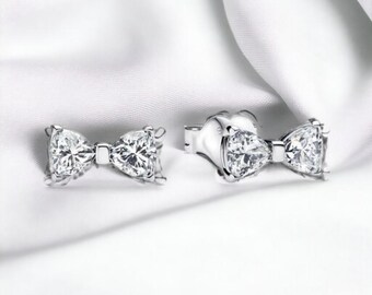 Pequeños pendientes de lazo de circonita cúbica, pendientes de plata para mujer, pendientes de lazo de plata, bonitos pendientes, joyas de lazo brillante, bonito regalo para ella