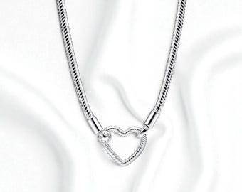 Silver Heart Closure Snake Chain Necklace, Elegant Silver Necklace, Stylish Modern Design, Heart Jewellery, Gift for Her