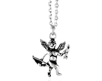 925 Sterling Silver Angel Necklace, Cupid Shiny Angel Charm, Unisex Design